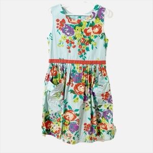 Mini Boden Sleeveless Floral Cotton Dress Round Neckline Gather Skirt Band Waist